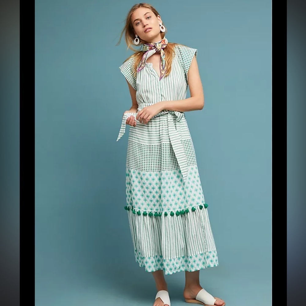 Akemi + Kin Anthropologie Esme Green and White Boho Maxi Short Sleeve Dress - XS